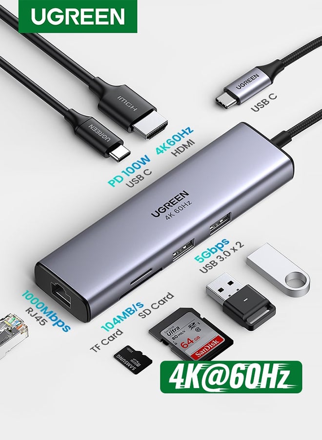 Ugreen 7 in1 USB C Hub 4K At 60Hz Type C to HDMI Dongle Multifunctional Adapter With Gigabit Ethernet Interface USB 3.0 Ports 100W Power SD TF Card Reader For MacBook Pro Air iPad Pro iPhone 16 15 Pro Max Grey